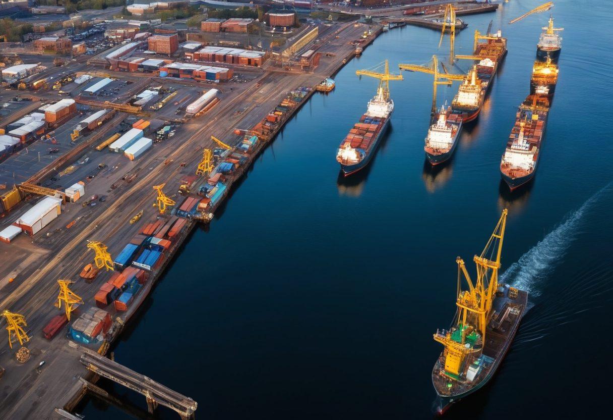 A stunning aerial view of the Duluth harbor at sunrise, showcasing bustling docks with ships and cranes amidst shimmering water. In the foreground, a detailed chart or graph illustrating maritime trends overlays the scene, complemented by icons of nautical symbols like anchors and compasses. The sky features warm golden hues blending with deep blue water. The entire composition conveys a sense of progress and maritime success. super-realistic. vibrant colors. 3D.