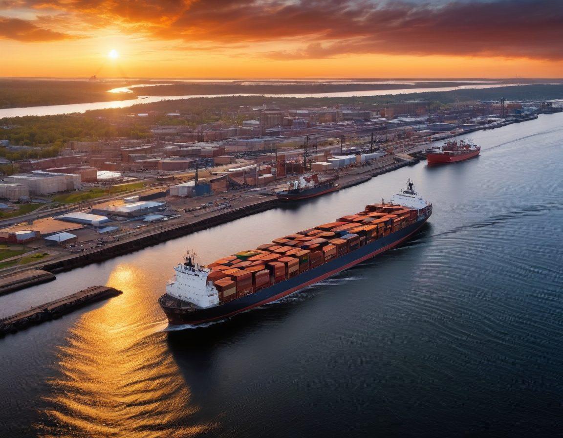 An aerial view of the Duluth harbor bustling with vibrant ships, showcasing various types of cargo vessels surrounded by waves. Incorporate a sunset sky painting the scene with warm hues, with silhouettes of cranes and the iconic Aerial Lift Bridge in the background. Add a subtle overlay of shipping charts and routes to reflect trends. super-realistic. vibrant colors. dynamic composition.
