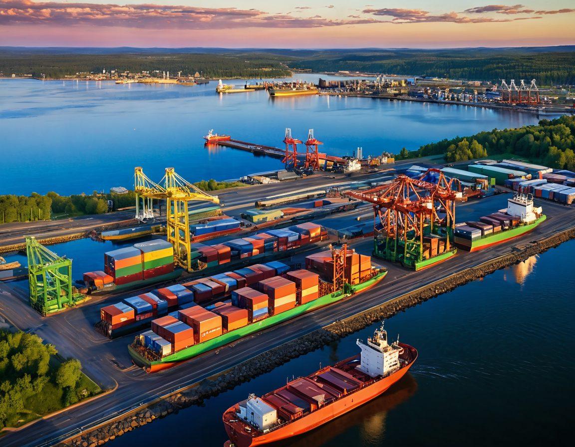 An expansive aerial view of the Duluth harbor with modern cargo ships docked, vibrant sunset illuminating the scene, and cranes at work loading and unloading containers. Integrate lush green hills in the background and bustling shipping containers in the foreground, all under a clear blue sky showcasing a dynamic atmosphere. super-realistic. vibrant colors. 3D.